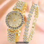 Conjunto de Relógio Feminino Luxo Minimalista – Relógio em Strass e Pulseira Elegante em Aço Inoxidável